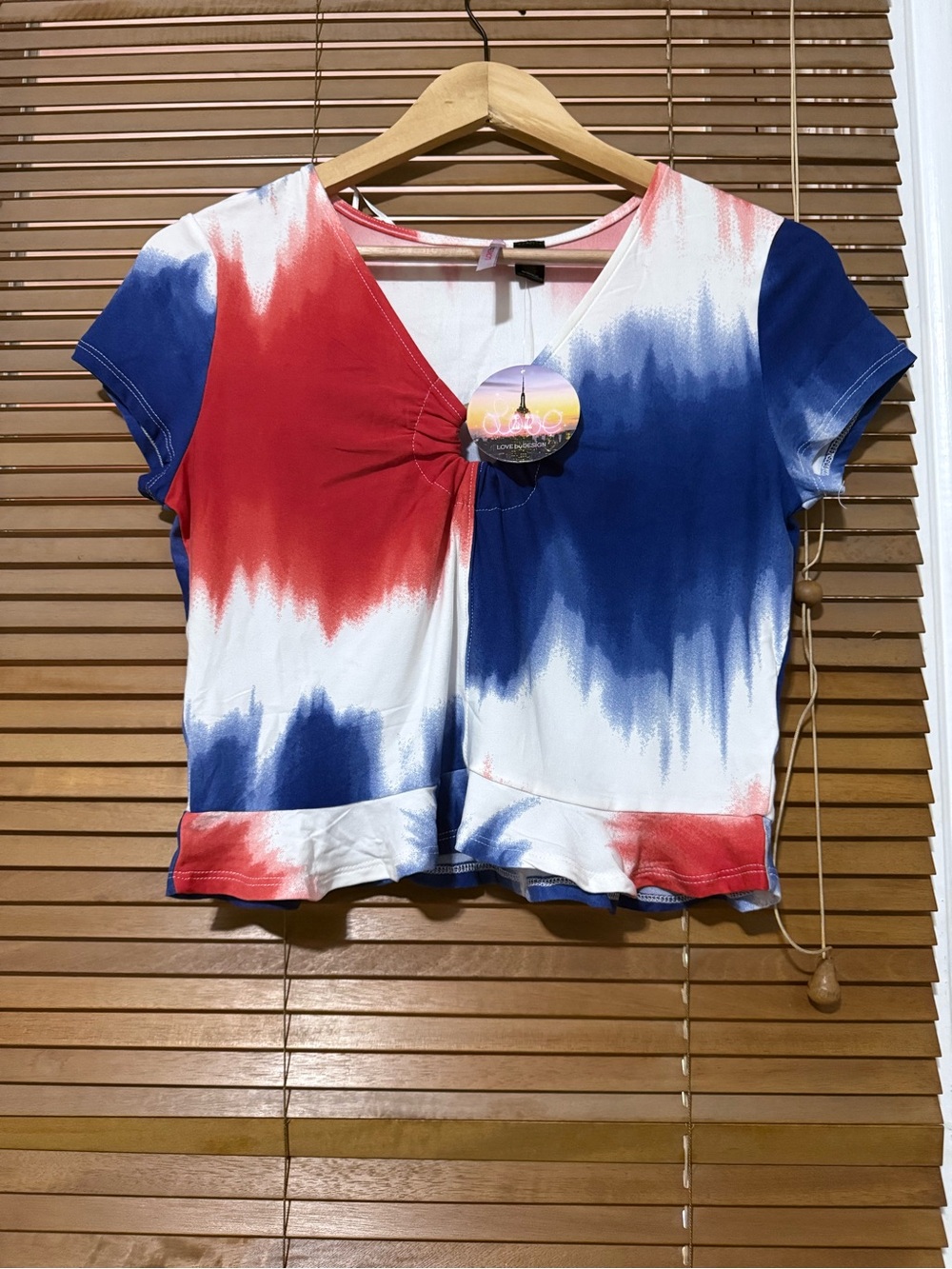 Women’s Tie-Dye V-Neck Crop Top - Red, White & Blue